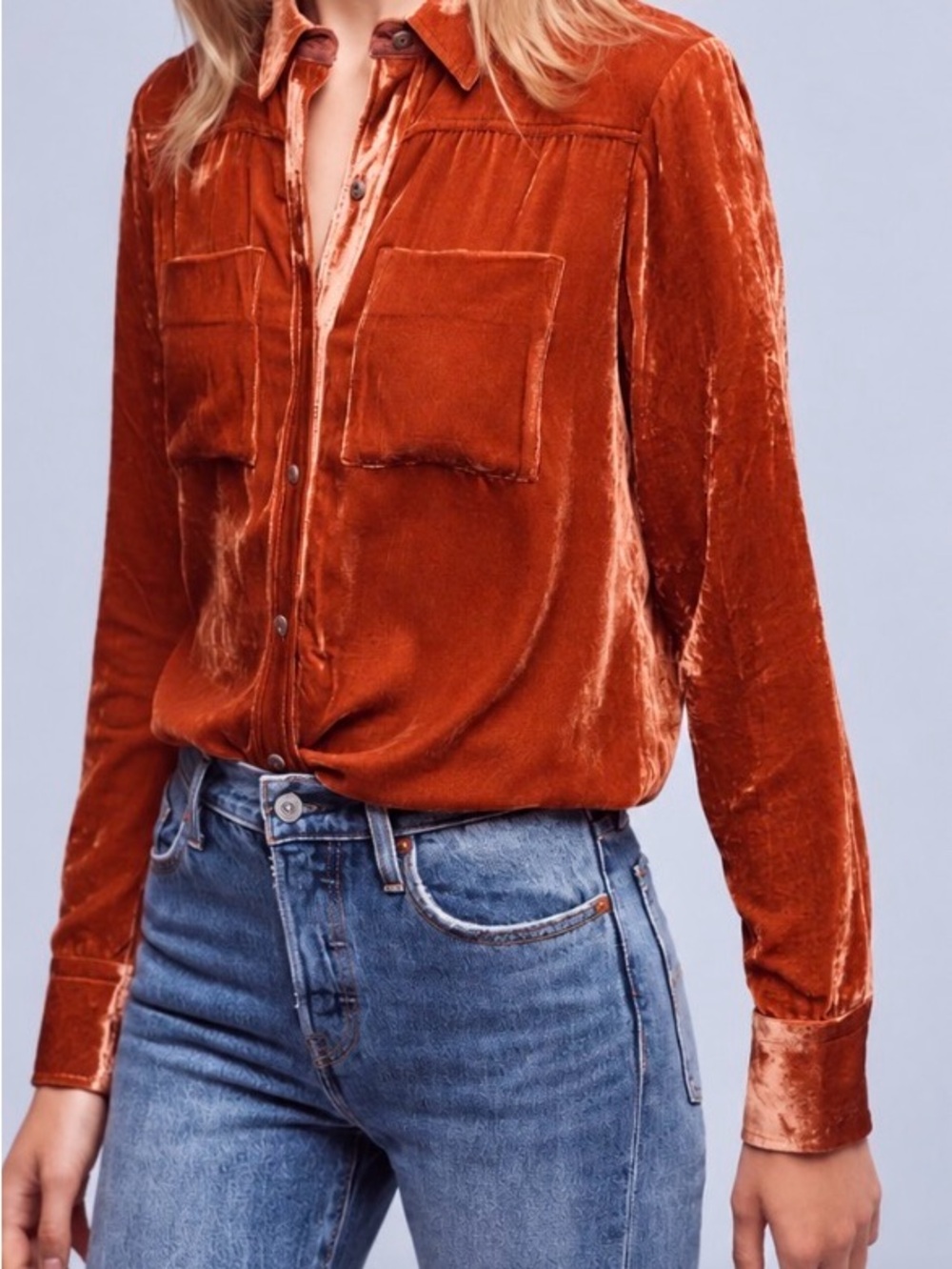 Anthropologie Holding Horses Silk Velvet Button Down Shirt Rust Medium M